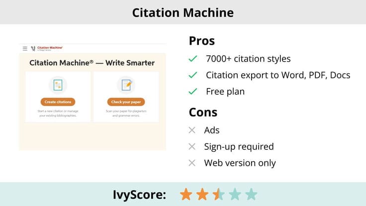 This image shows the pros and cons of Citation Machine.