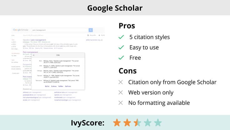 This image shows the pros and cons of Google Scholar's 'Cite' feature.