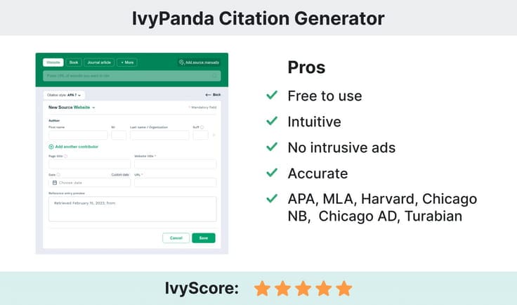 The picture illustrates the key features of the free citation generator by IvyPanda.