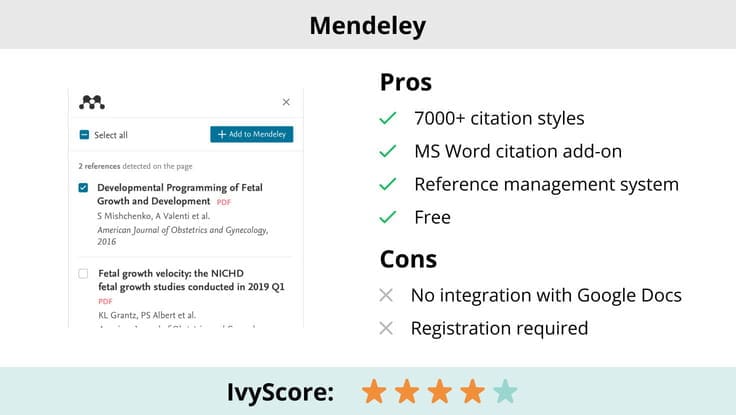 This image shows the pros and cons of Mendeley.