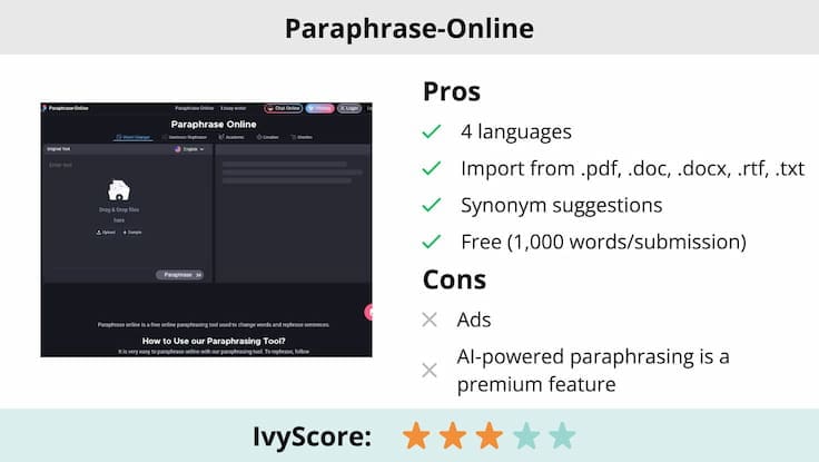 This image shows the pros and cons of Paraphrase-Online.
