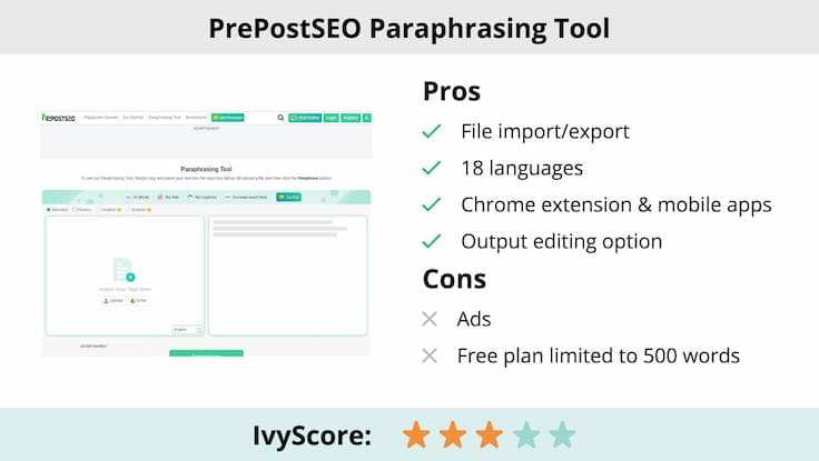 This image shows the pros and cons of PrePostSEO paraphrasing tool.