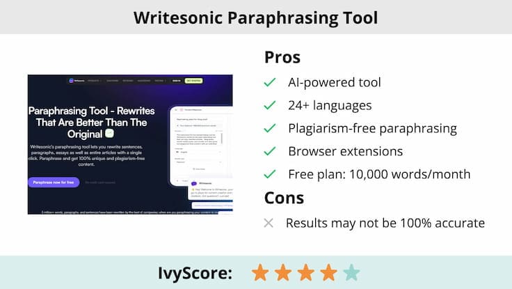 This image shows the pros and cons of Writesonic Paraphrasing Tool.
