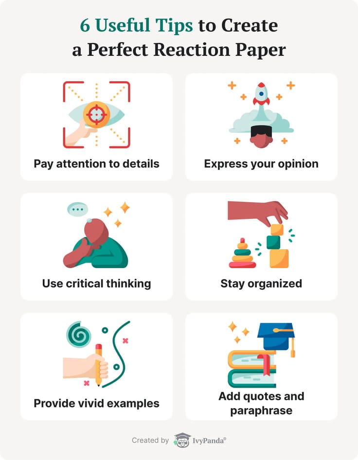 This image shows six tips to enhance your reaction paper writing experience.