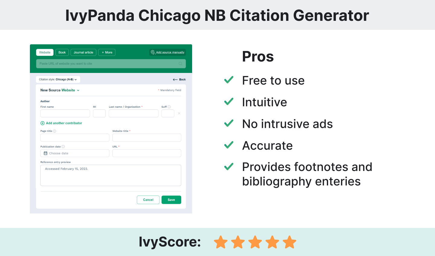The picture illustrates the key features of the Chicago-style citation generator by IvyPanda.