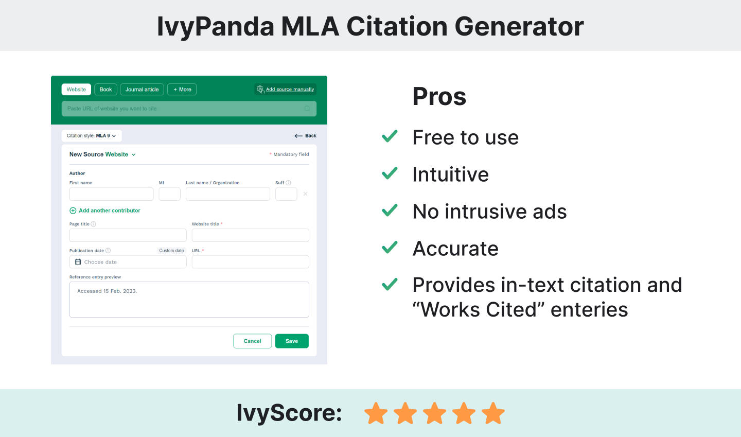 The picture illustrates the key features of the MLA citation generator by IvyPanda.