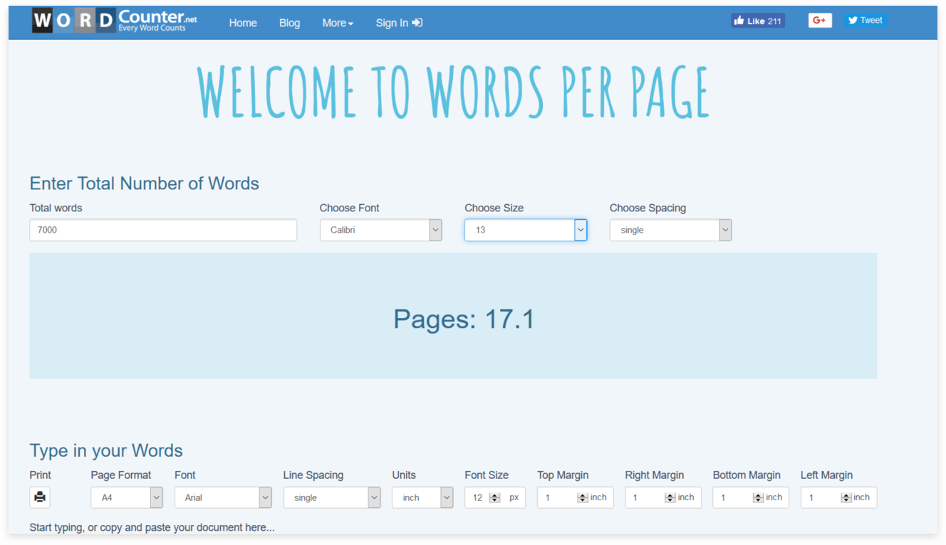words per page calculator