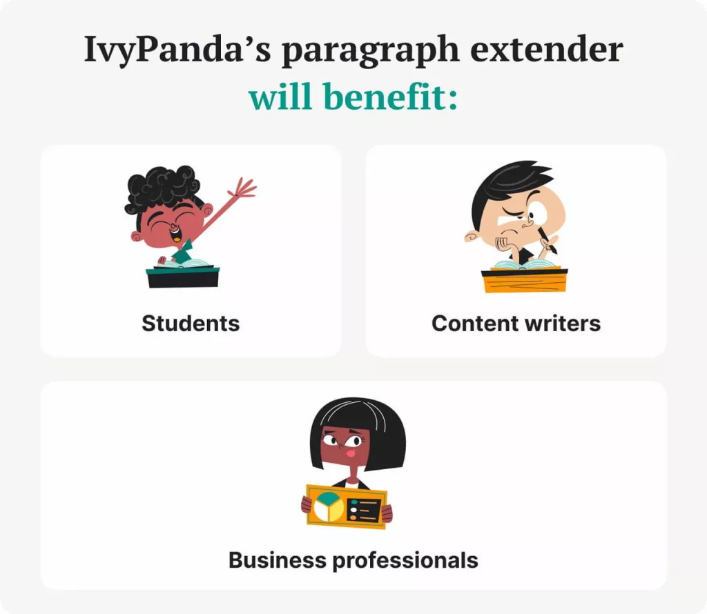 The picture lists those who will benefit from using IvyPanda's paragraph extender.