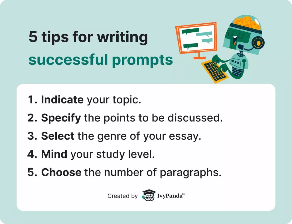 The picture lists the tips for writing successful essay prompts.