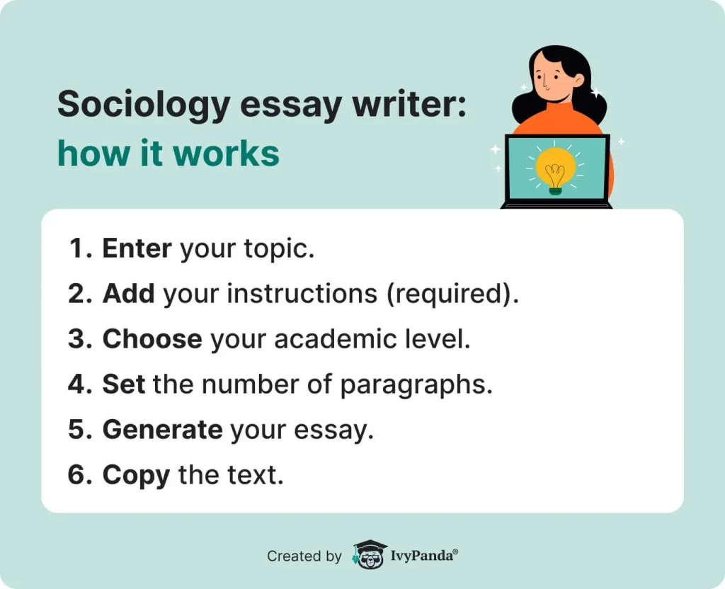 The picture illustrates the steps one should take to use IvyPanda's "Write my sociology essay" tool.